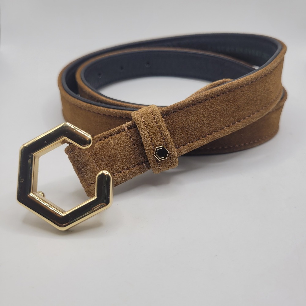 Brown Suede Belt Med Hexagon Buckle Geometric Chic Minimalist Retro Equestrian